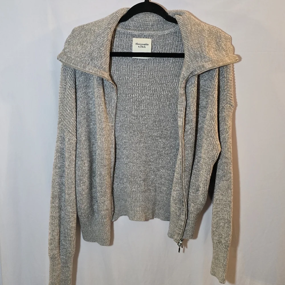 Abercrombie & Fitch Gray Ribbed Heavyweight Knit Double Zip Cardigan Sweater, L